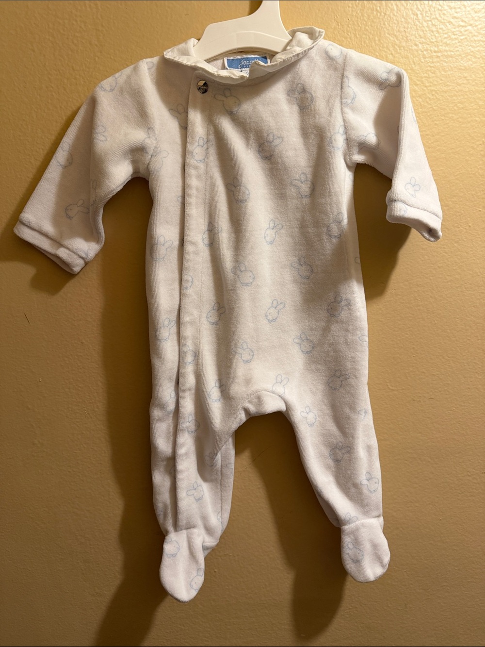 Jacadi Cream One-Piece Footed Romper with Light Blue Bunny Print